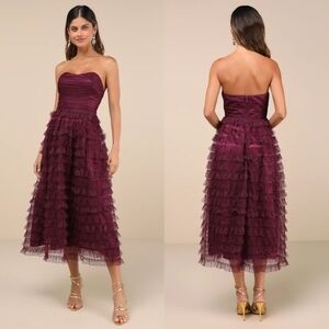 Lulus Immensely Exquisite Purple Tulle Strapless Tiered Midi Dress XS Wedding